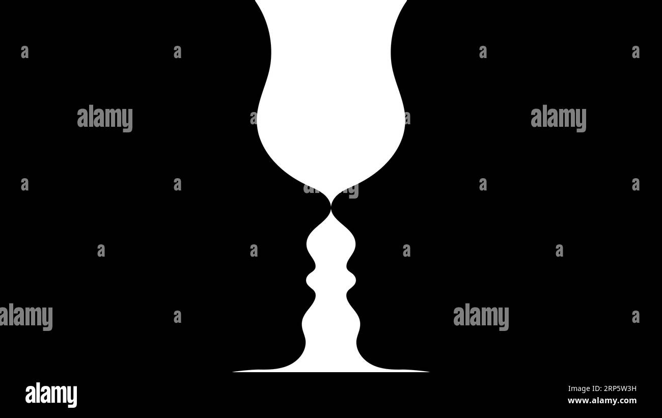 Optische Illusion, zwei schwarze Silhouetten von Gesichtern im Profil und eine weiße Silhouette eines Bechers. Vektor. Gestaltpsychologietest. Lernspiele, psychologische Bücher, Tests, Psychologie. Stock Vektor