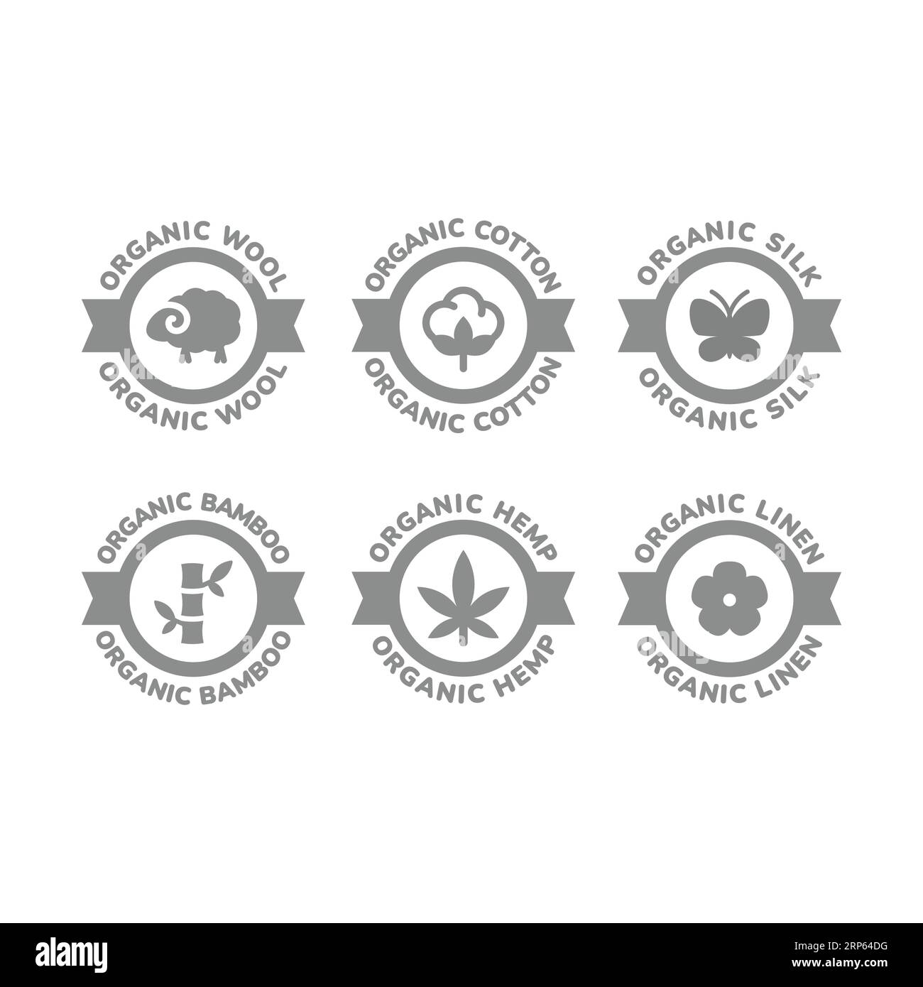 Vektoretikett aus Bio-Wolle, Baumwolle und Leinen. Natürliches Hanf- und Seidenmaterial oder Stoff Icon. Stock Vektor