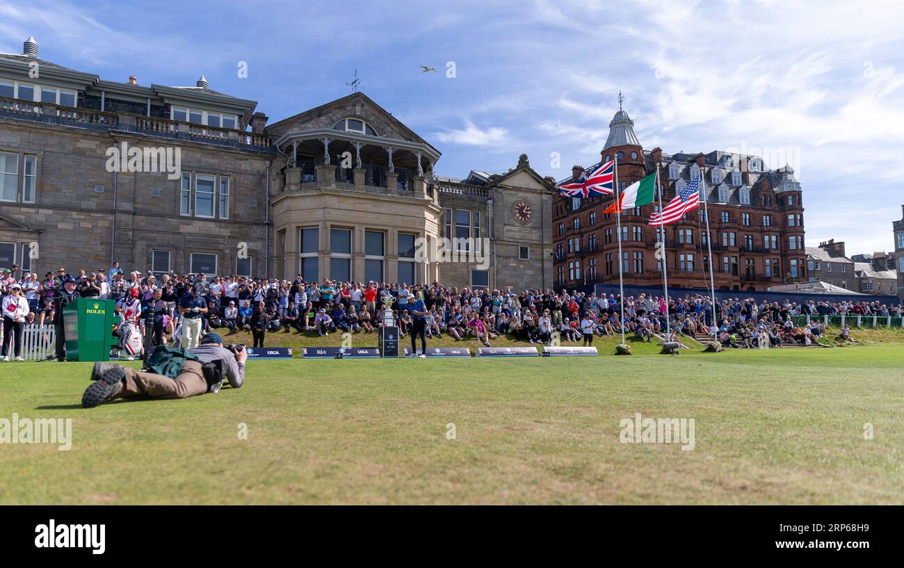 St. Andrews, Schottland. September 2023. Das erste Abschlag auf dem Old Course während der Sonntags-Singles beim Walker Cup 2023. Stockfoto