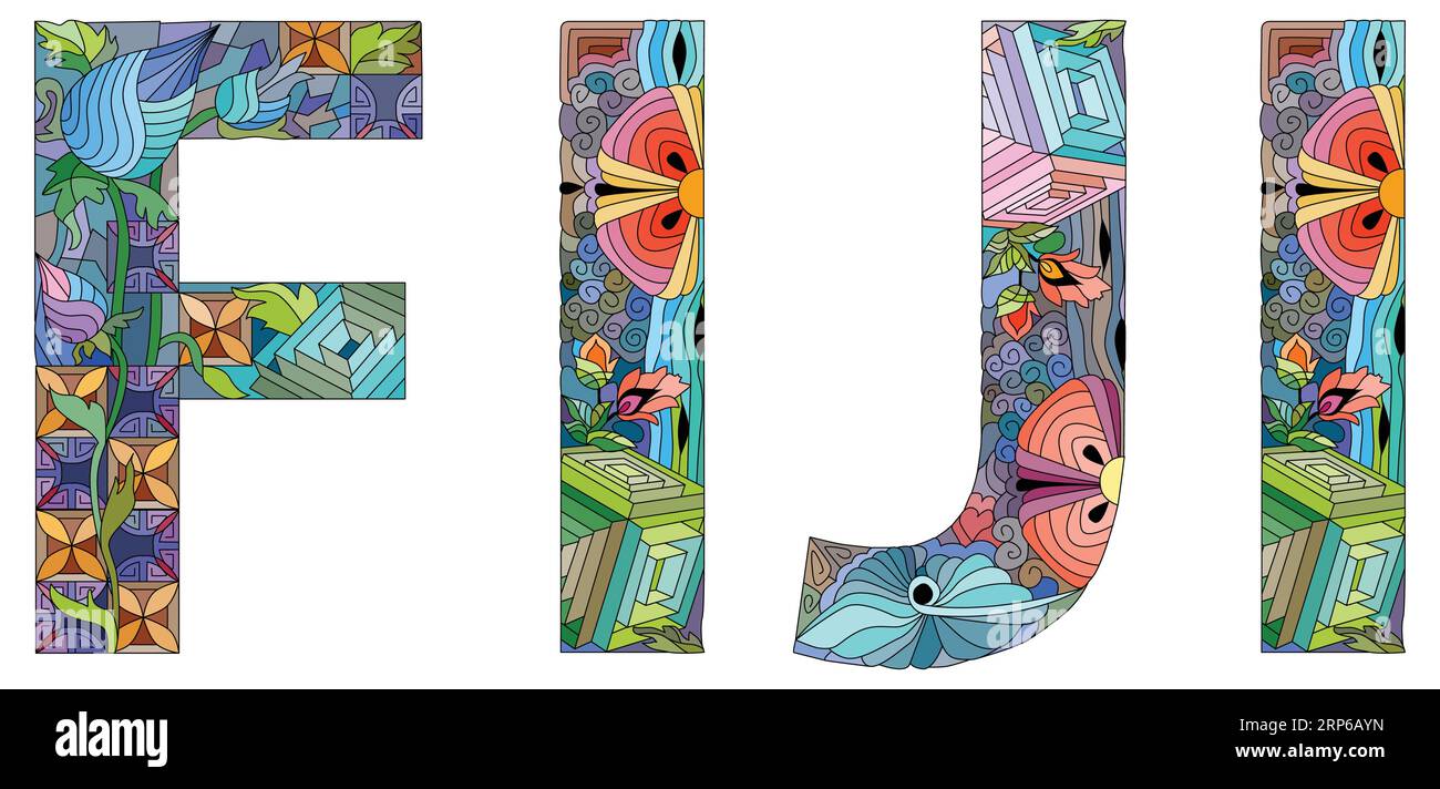 Vektorwort Fiji. Handbemaltes Kunstdesign. Illustration für T-Shirt-Design, Tätowierung und andere Dekorationen Stock Vektor