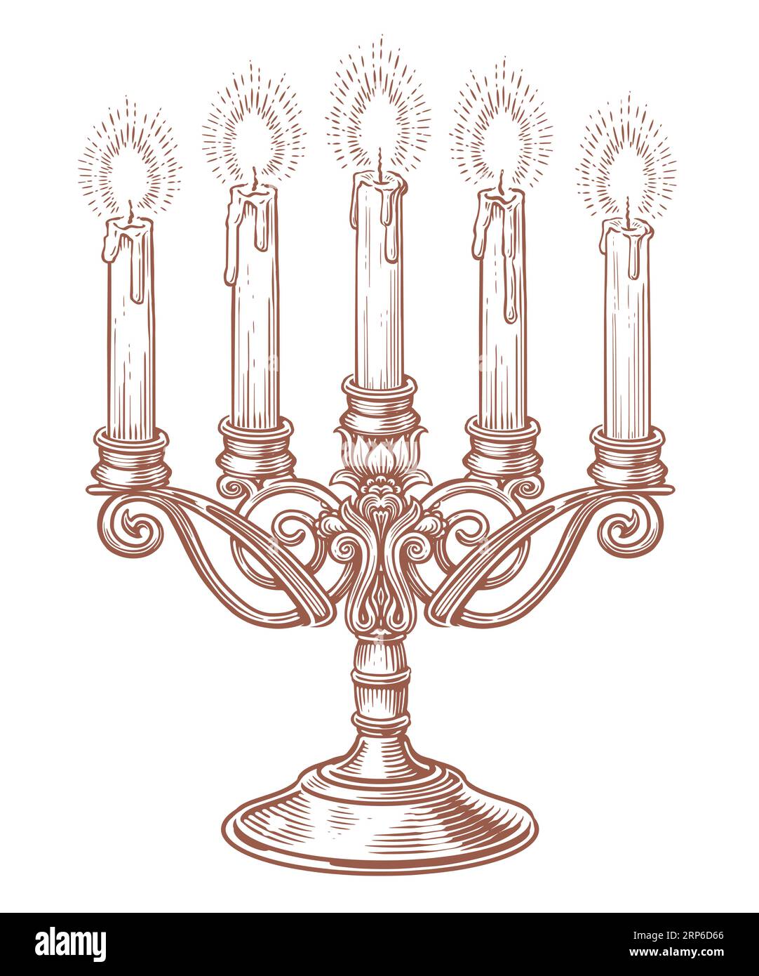 Kandelaber mit fünf brennenden Kerzen. Handgezeichneter Vintage-Kerzenleuchter mit Skizzen. Vektorillustration Stock Vektor
