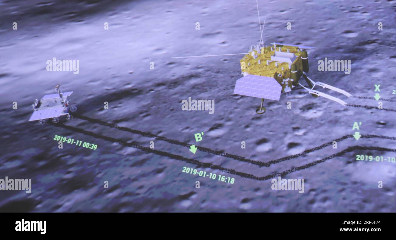 (190111) -- PEKING, 11. Januar 2019 -- der Bildschirm im Beijing Aerospace Control Center zeigt, wie der Chang e-4 Lander (R) und der Yutu-2 rover miteinander fotografieren, 11. Januar 2019. ) Xinhua Schlagzeilen: China erklärt Chang e-4 Mission zum vollständigen Erfolg JinxLiwang PUBLICATIONxNOTxINxCHN Stockfoto