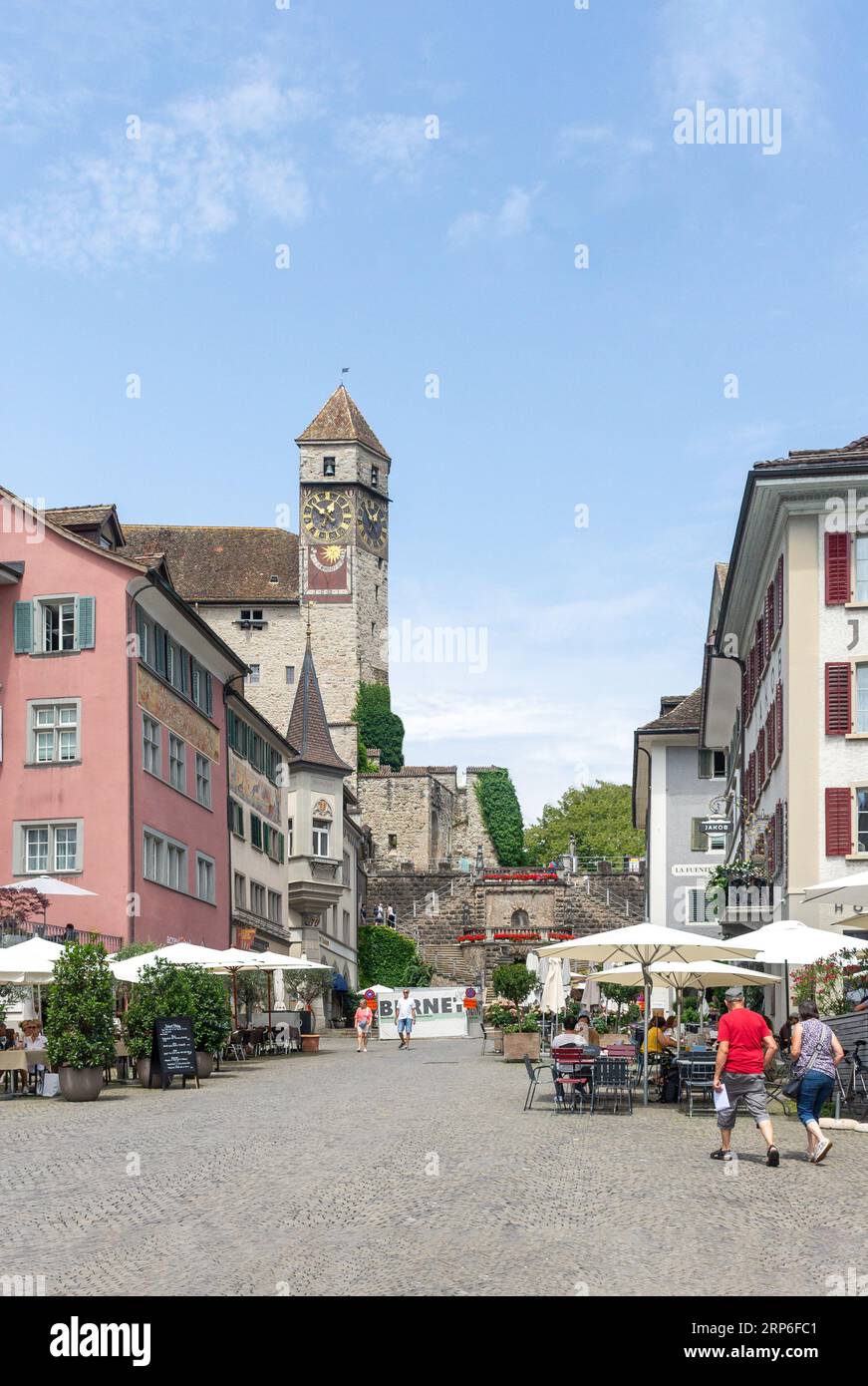 Schloss Rapperswil Uhrturm von Hauptplatz, Rapperswil-Jona, Kanton St. Gallen, Schweiz Stockfoto