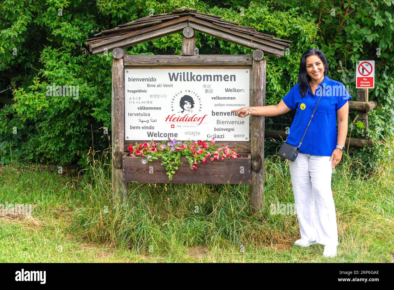 Willkommensschild Heidiland (Kinderbuch), Bündner Herrschaft, Kanton Graubünden, Schweiz Stockfoto