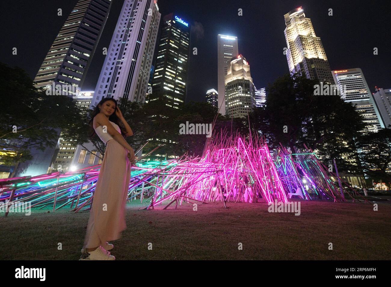 (190116) -- SINGAPUR, 16. Januar 2019 -- ein eingeladener Gast posiert vor den Kunstinstallationen während einer Vorschau des Light to Night Festivals in Singapur am 16. Januar 2019. Das Light to Night Festival findet vom 18. Januar bis 24. Februar in Singapur statt. ) SINGAPORE-ARTISTIC FESTIVAL-PREVIEW ThenxChihxWey PUBLICATIONxNOTxINxCHN Stockfoto