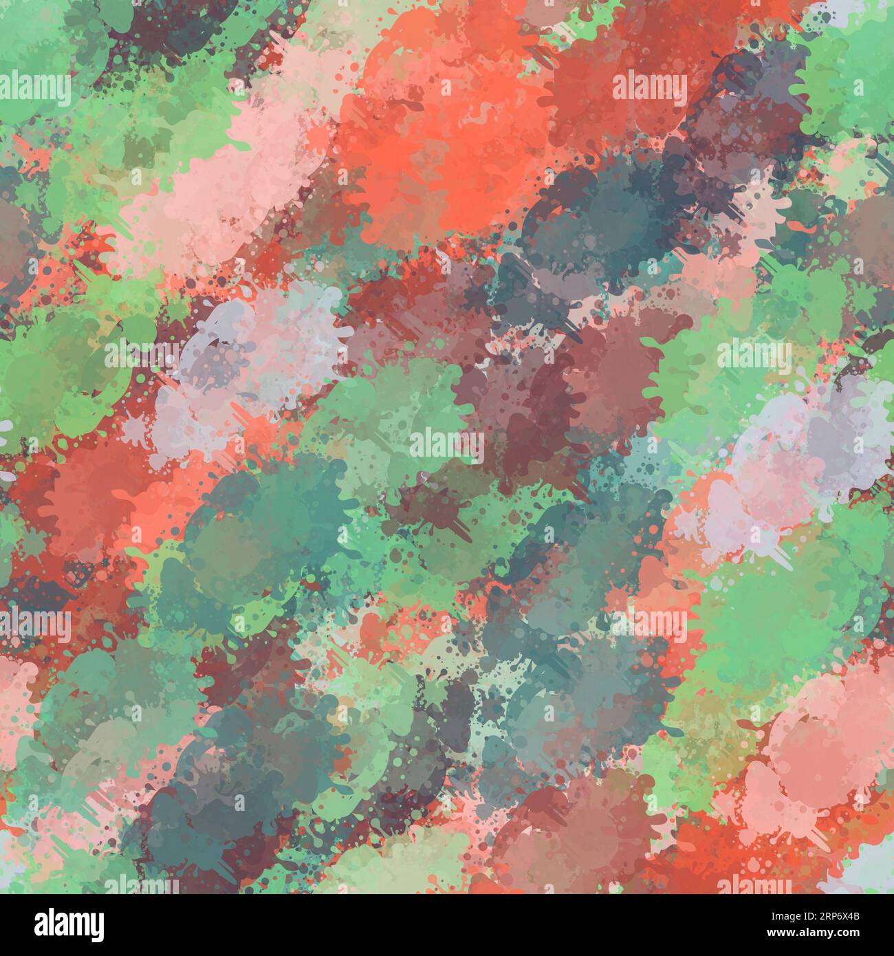 Abstrakte Pinselstriche und -Flecken. Grüne, korallenrote und weiße Farbtöne und Farben. Nahtloses Muster Stockfoto