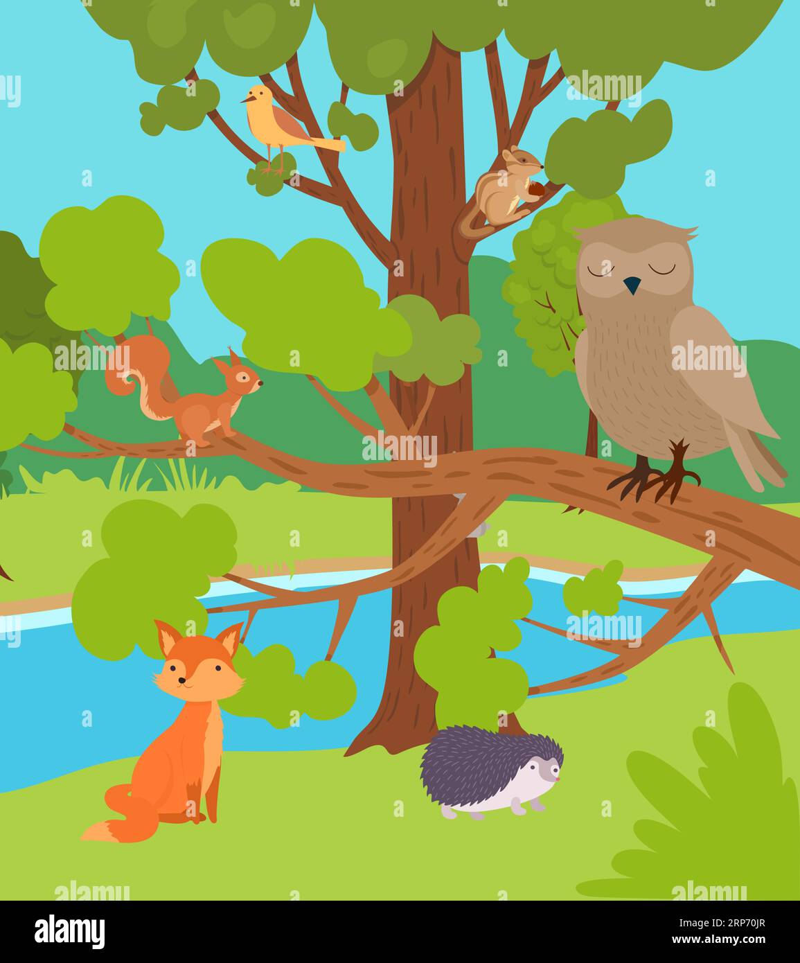 Waldtiere. Im Freien Wald Landschaft Bäume und Sträucher Tiere Fuchs Eulenvögel Igel. Vektor-Zeichentrickhintergrund Stock Vektor
