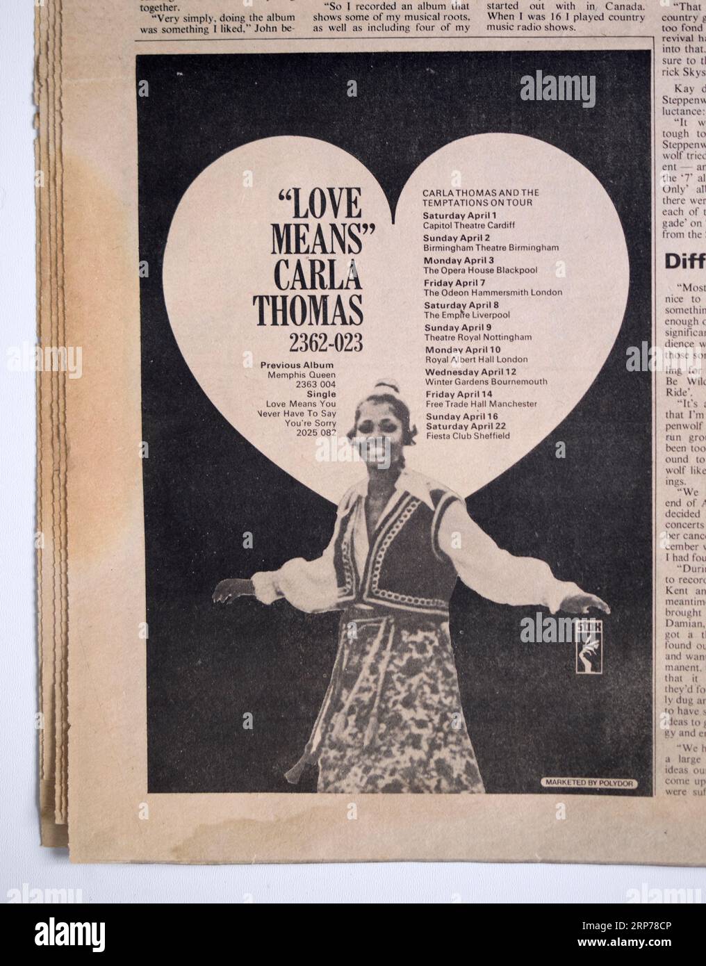 Werbespot für Carla Thomas Tour im New Musical Express NME Magazine der 1970er Jahre Stockfoto
