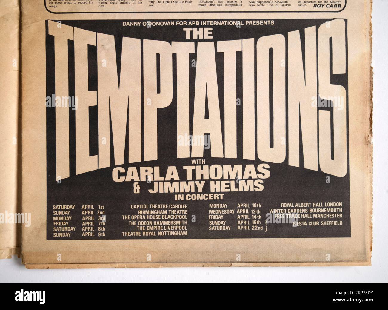 Werbung für die Temptations Tour im New Musical Express NME Magazine der 1970er Jahre Stockfoto