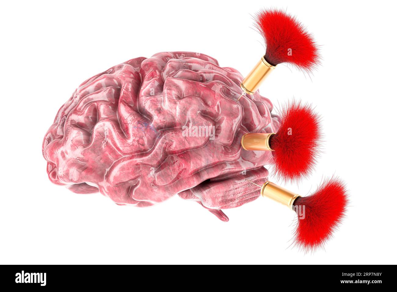 Menschliches Gehirn mit Tranquillizer-Pfeilen, 3D-Rendering isoliert auf weißem Hintergrund Stockfoto