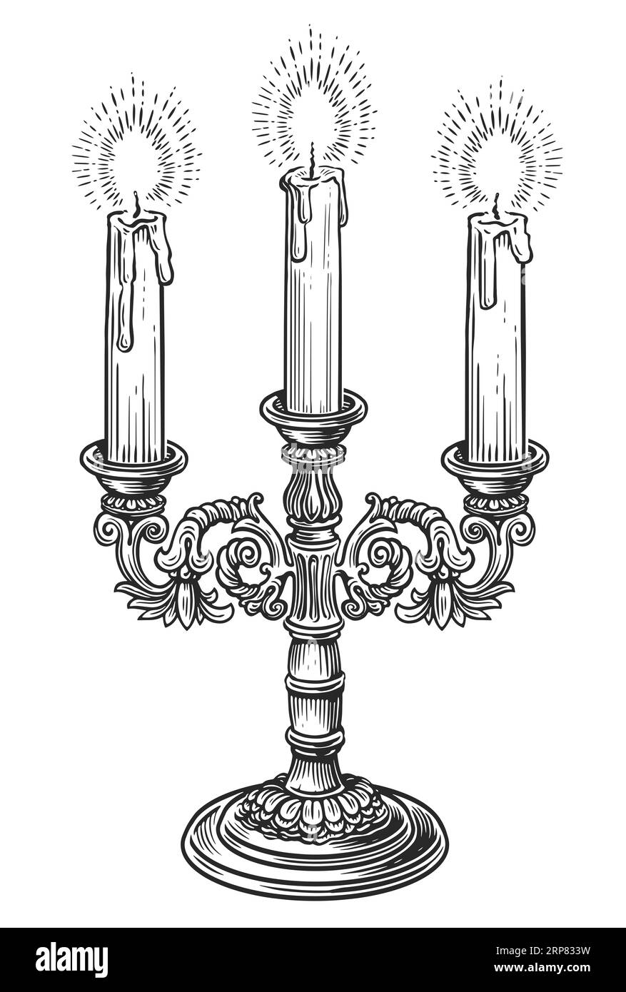 Kerzenleuchter mit drei brennenden Kerzen. Vintage Laterne Skizze Illustration Gravur Stil Stockfoto