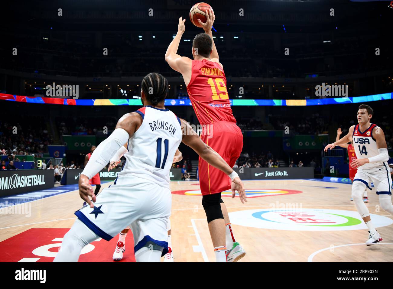 Asia Arena, Manila, Philippinen. September 2023. Marko Simonovic (MNE), 1. SEPTEMBER 2023 - Basketball - FIBA World Cup 2023 - zweite Runde - Gruppe J zwischen USA - Montenegro in der Mall of Asia Arena, Manila, Philippinen. Quelle: SportsPressJP/AFLO/Alamy Live News Stockfoto