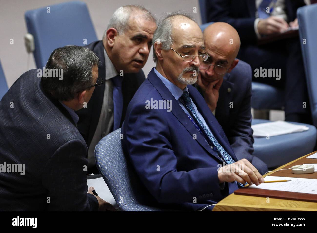 (190328) -- VEREINTEN NATIONEN, 28. März 2019 -- Bashar Jaafari, ständiger Vertreter Syriens bei den Vereinten Nationen, nimmt an einer Sitzung des UN-Sicherheitsrats zur Lage in dem besetzten Gebiet auf Ersuchen seines Landes im UN-Hauptquartier in New York am 27. März 2019 Teil. Die meisten Mitglieder des UN-Sicherheitsrats bedauern am Mittwoch die Entscheidung der Vereinigten Staaten, Israels Souveränität über die Golanhöhen anzuerkennen. ) UN-SICHERHEITSRAT-NAHER OSTEN-GOLAN-HÖHEN LIXMUZI PUBLICATIONXNOTXINXCHN Stockfoto