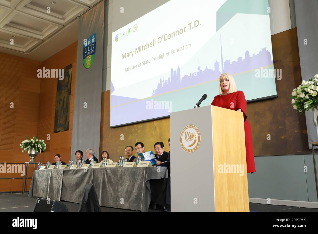 (190413) -- DUBLIN, 13. April 2019 (Xinhua) -- Mary Mitchell O Connor (1. R), irische Staatsministerin für Hochschulbildung, spricht an der Eröffnungszeremonie des 2. Internationalen Symposiums der Europäischen Vereinigung für Chinesische Lehre (EACT) in Dublin, Irland, 12. April 2019. Das 2. Internationale Symposium der European Association of Chinese Teaching, eine zweitägige Veranstaltung, die von der EACT in Zusammenarbeit mit dem University College Dublin (UCD) Confucius Institute organisiert wurde, wurde am Freitag eröffnet und zog fast 200 Delegierte aus mehr als 20 Ländern und Regionen an. (XINHUA) IRLAND-DUBLIN-INT Stockfoto