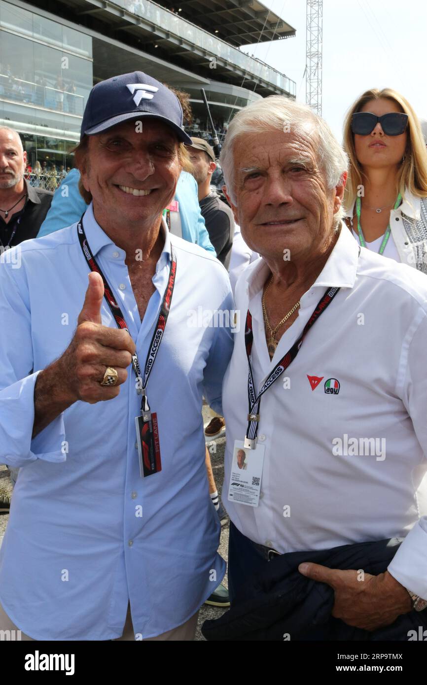 MONZA, Italien, 3. 2023. September: Emerson Fittipaldi, brasilianischer Automobilrennfahrer, der zweimal mit Giacomo Agostini die Formel-1-Weltmeisterschaft und die Indianapolis 500 gewann, ist ein ehemaliger italienischer Grand-Prix-Motorradrennfahrer. Vor seinem Spitznamen sammelte er 122 Grand Prix-Siege und 15 Weltmeistertitel. Parco di Monza, Autodromo, Formel 1, F1, Grand Prix von Italien, großer Preis von Italien, GP d'Italie, Motorsport, Race, Formel1, Honorarpflichtiges Foto, gebührenpflichtiges Bild, Copyright © Arthur THILL/ATP Images (THILL Arthur/ATP/SPP) Stockfoto