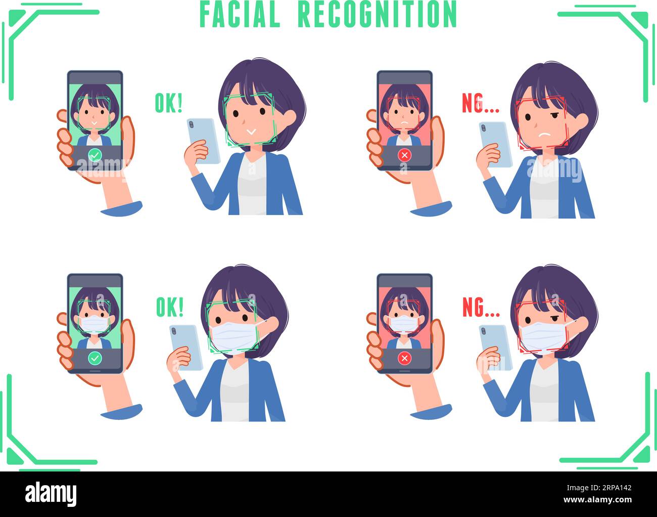 Eine Reihe von PR-Frauen, die Gesichts-Erkennung auf ihren Telefonen. Es ist Vektorkunst so einfach zu bearbeiten. Stock Vektor
