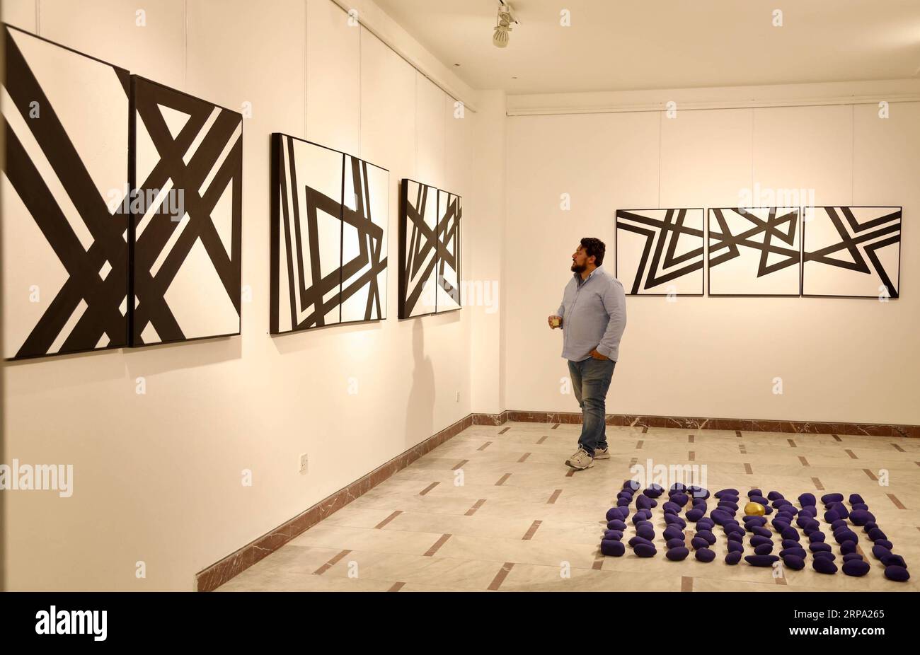 (190422) -- , 22. April 2019 -- Ein Besucher sieht Gemälde in der Galerie eines irakischen Künstlers Zaid al-Ani unter dem Namen Imagine in einem Saal im Französischen Institut im Irak, 20. April 2019. Al-Ani präsentierte eine Sammlung von Gemälden geometrischer Formen in Schwarz-weiß, in denen er die menschliche Form auf eine Weise nutzte, die wie ein Gravur eines sumerischen Zylindersiegels aussieht. ZUM Beitrag: Rising from Ashes of Conflict, Iraqi Artists struggle for Brighter Future Khalil Dawood) IRAQ--ART GALLERY Bagdad PUBLICATIONxNOTxINxCHN Stockfoto