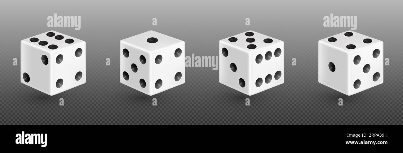 3D isolierte, realistische Würfel in Weiß für das Casino-Spiel-Vektorsymbol. Backgammon-Glückswürfelrolle mit 1, 6 oder zwei Punkten. Zufallsdrehung mit „Square Luck“ für Poker-Entertainment-Illustration Stock Vektor