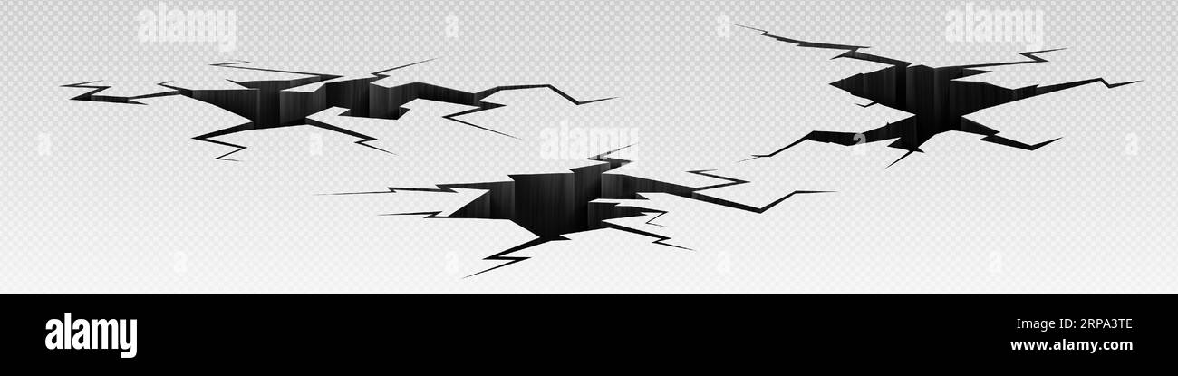Erdungsbruch und Risslochvektor 3D-Effekt. Gebrochene Betonbodenstruktur. Illustrationssatz für isolierte Spaltungen und Schäden an Brüchen. Realistische Bruchzerstörung png. Symbol für Straßenspalte in der Wüste Stock Vektor