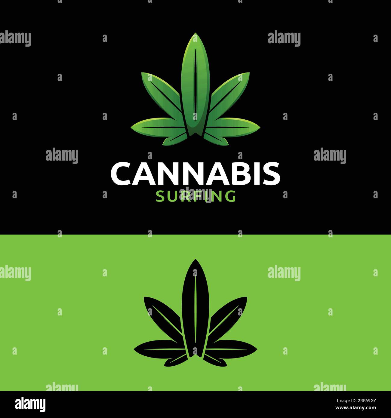 Moderne Cannabisblätter mit Surfbrett Logo für Unkraut Marihuana Hanf Haschisch CBD Business Related oder Surfing Brand Shop Stock Vektor