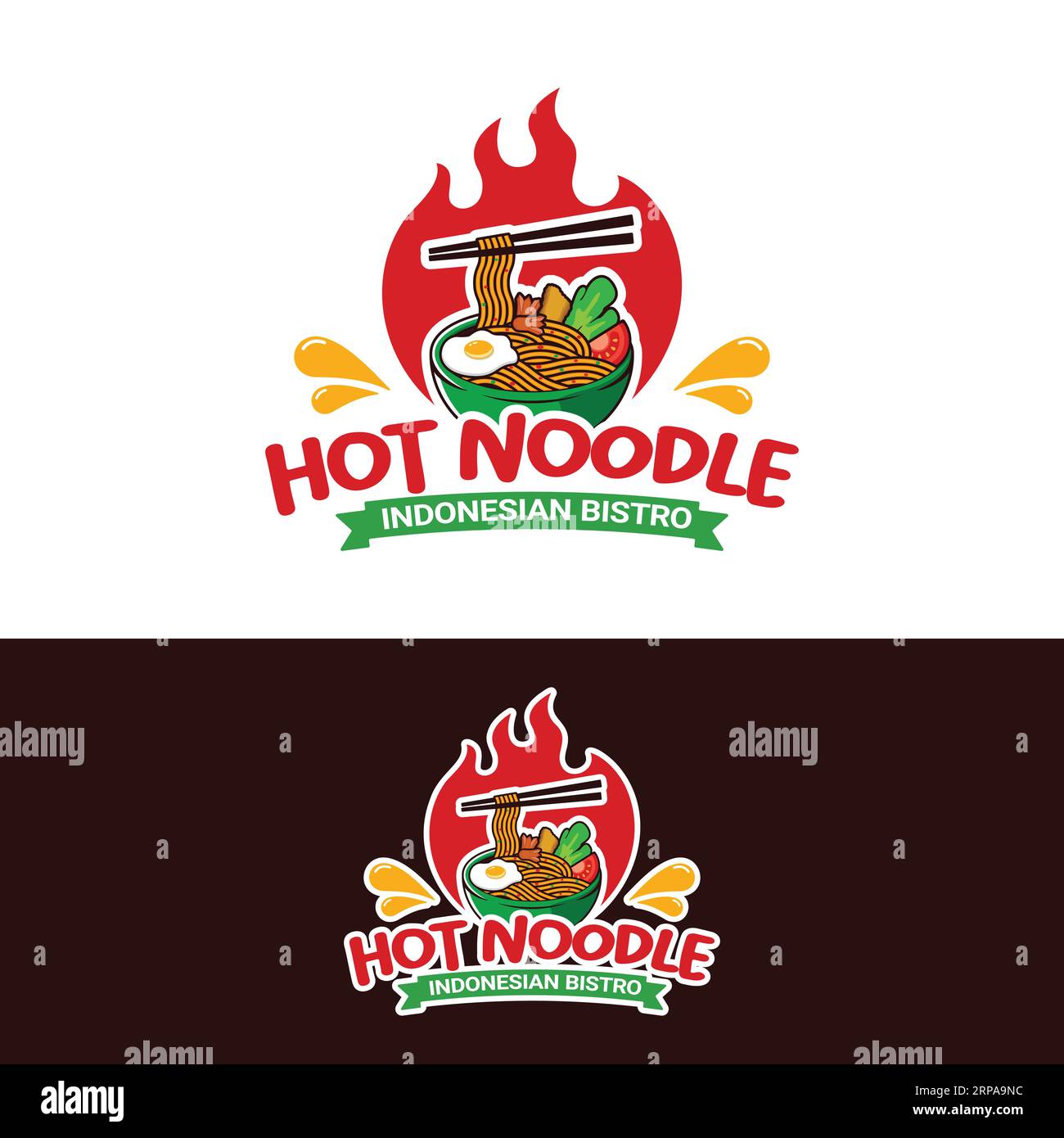 Hot Spicy Noodle Mie Ramen in a Bowl with Chopsticks and Fire Logo Design Template. Passend für chinesisch japanisch Indonesisch Mie Restaurant Cafe Resto Stock Vektor