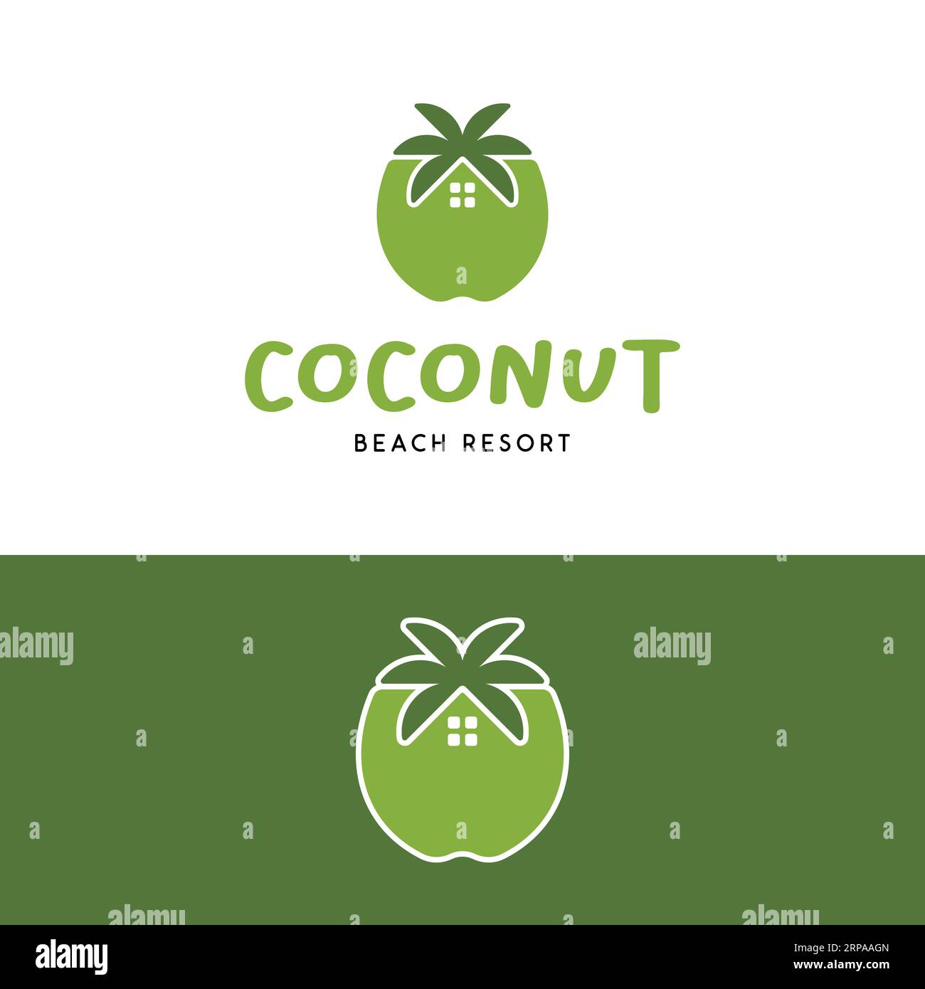 Kokosnussfrucht mit Blättern und Haus-Logo in einfachem sauberen Stil für Beach Resort Hotel Cottage Villa Property Apartment Company oder Coconut Business Stock Vektor