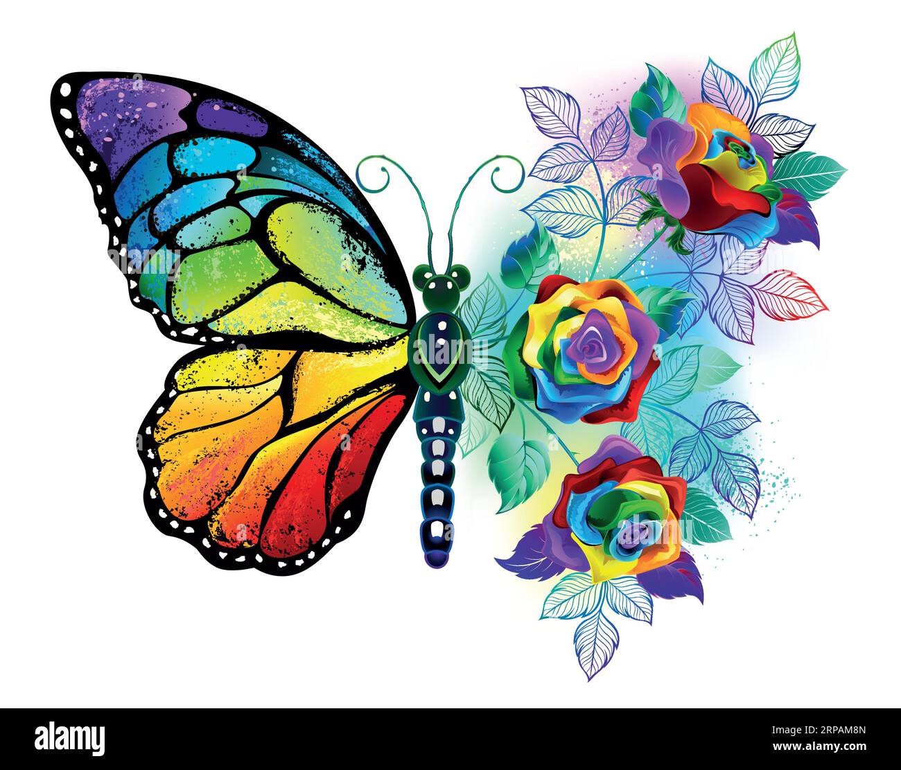 Schillernder, strukturierter, künstlerisch gezeichneter Monarchfalter mit einem Strauß Regenbogen, helle Rosen auf weißem Hintergrund. Regenbogenfalter. Stock Vektor