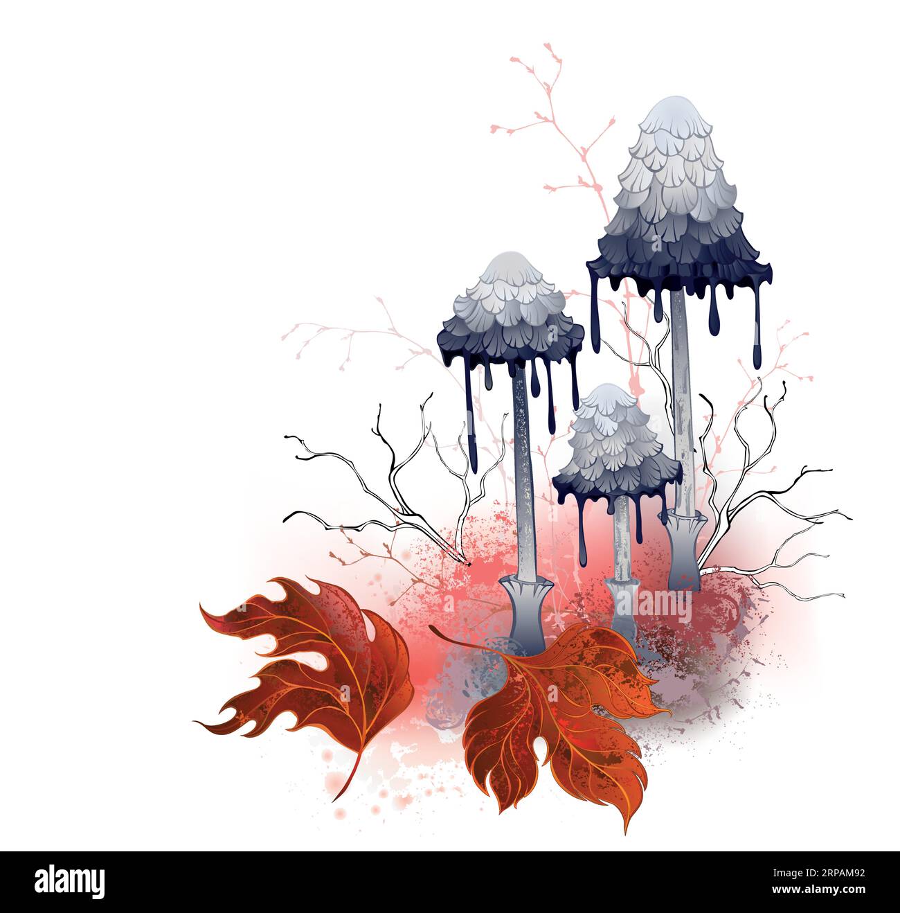 Komposition aus grauen, künstlerisch gezeichneten Tintenpilzen auf Moosglasur mit roten Herbstblättern auf weißem Hintergrund. Herbstmotiv mit Pilzen Stock Vektor