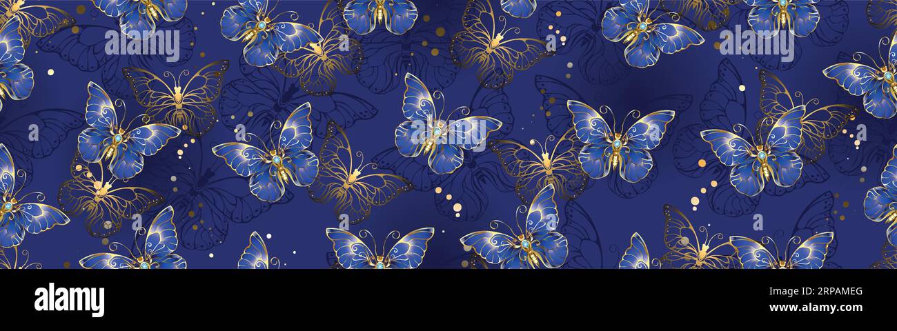 Nahtloses Muster aus Saphir, Luxus, Schmuckfalter auf dunkelblauem, strukturiertem Hintergrund. Saphir-Schmetterling. Stock Vektor
