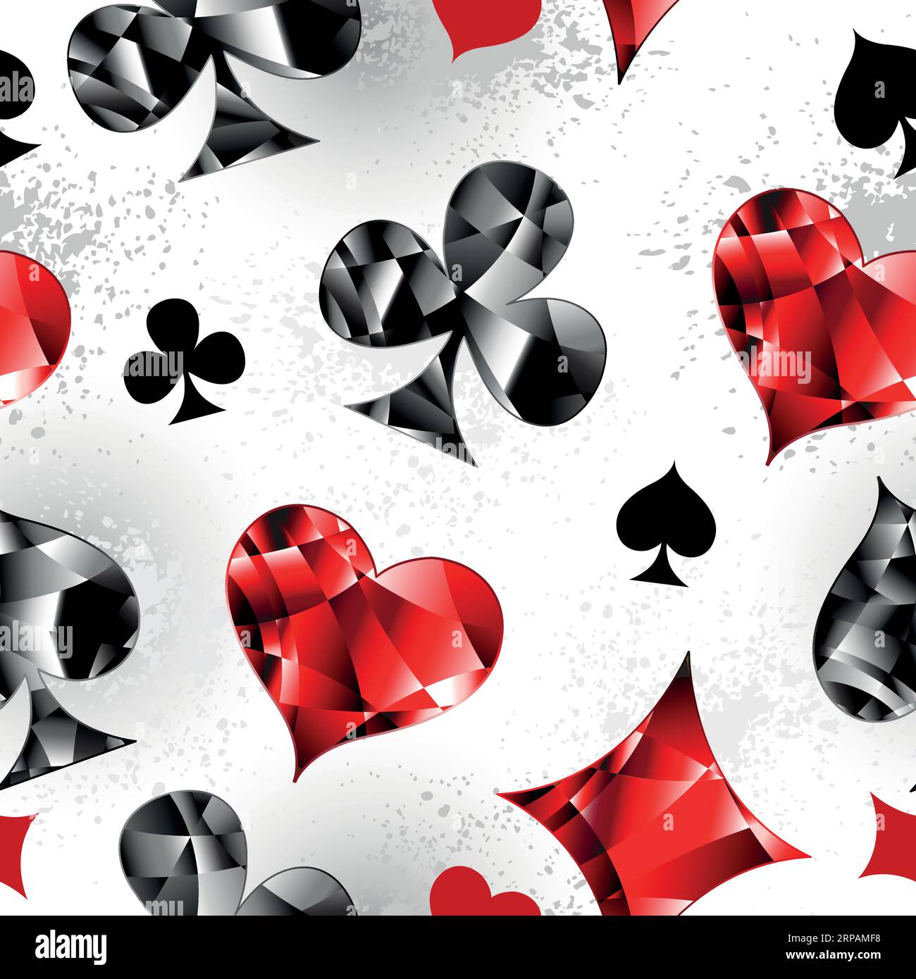Nahtloses Muster aus polygonalen, glänzenden, roten und schwarzen Spielsymbolen auf grauem Hintergrund. Polygonale Wiedergabesymbole. Stock Vektor