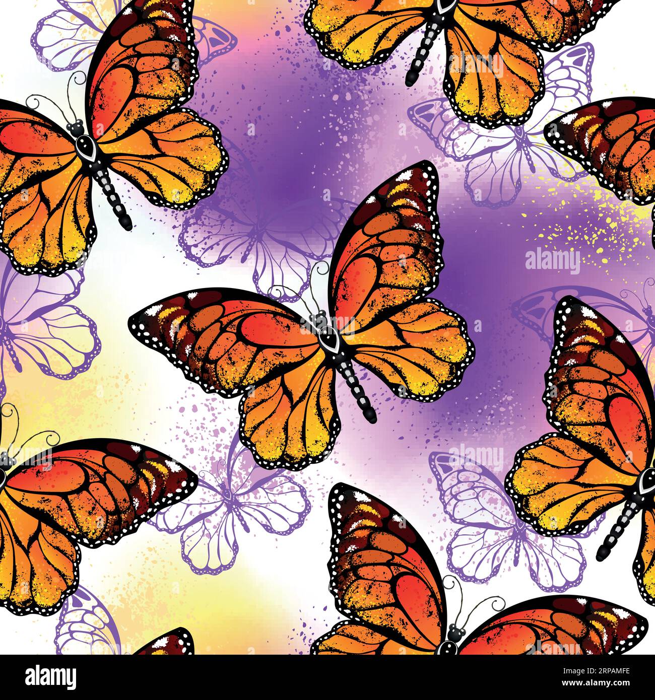 Nahtloses Muster aus künstlerisch gezeichneten, lebhaften, orangefarbenen Monarchfalter auf violettem und gelbem Hintergrund. Monarch-Schmetterling. Stock Vektor