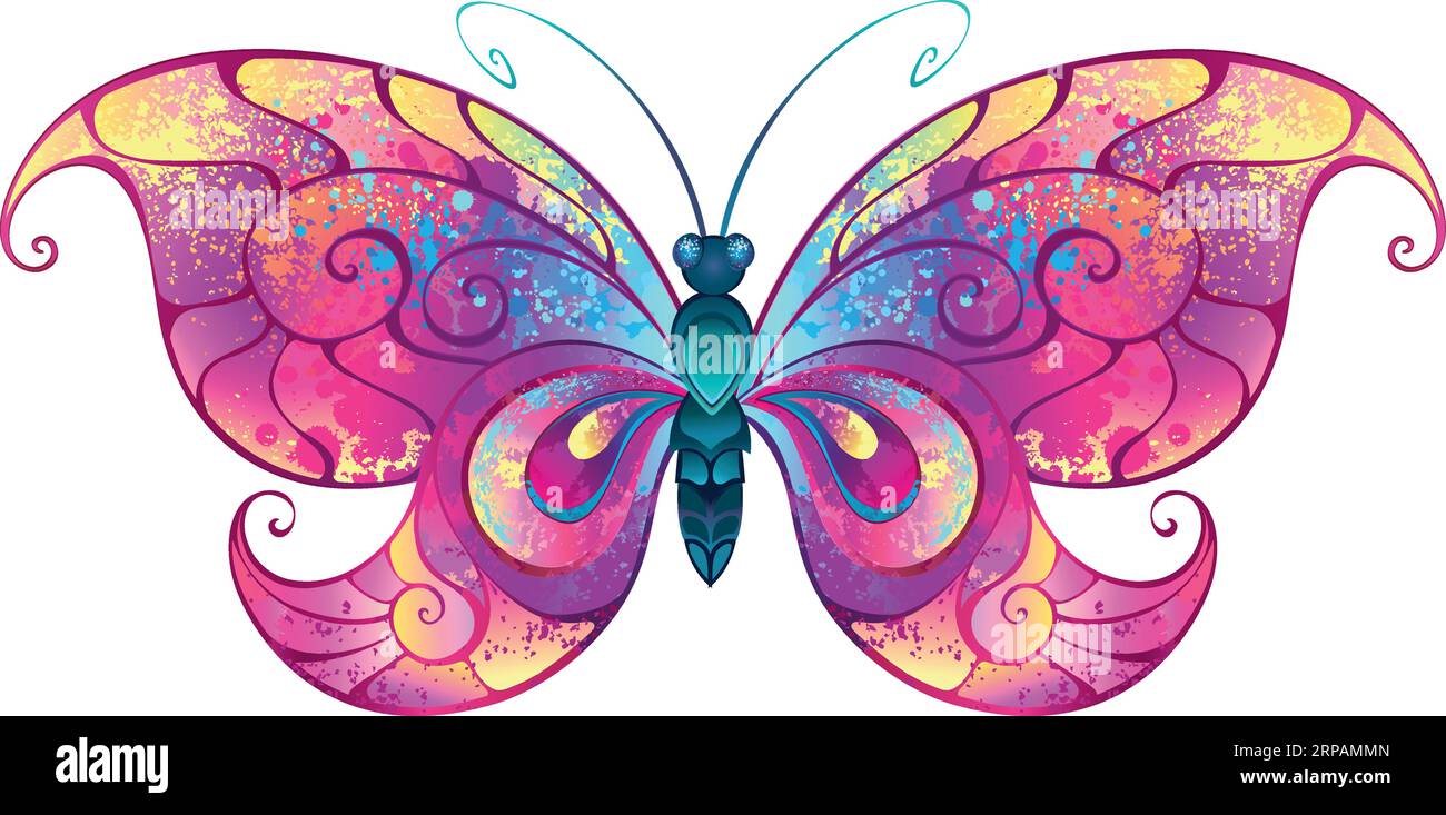 Exotische, künstlerisch gezeichnete, ungewöhnliche Schmetterlinge mit Flügeln in rosa, blauen und gelben Flecken auf weißem Hintergrund. Farbenfroher Schmetterling. Stock Vektor
