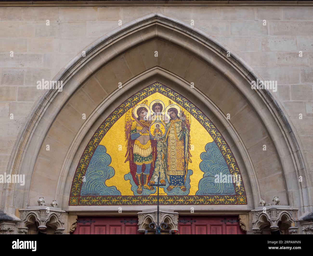 Mosaik des Tympanums von 1926, rumänische Kirche, Quartier Latin, Paris, Frankreich. Stockfoto