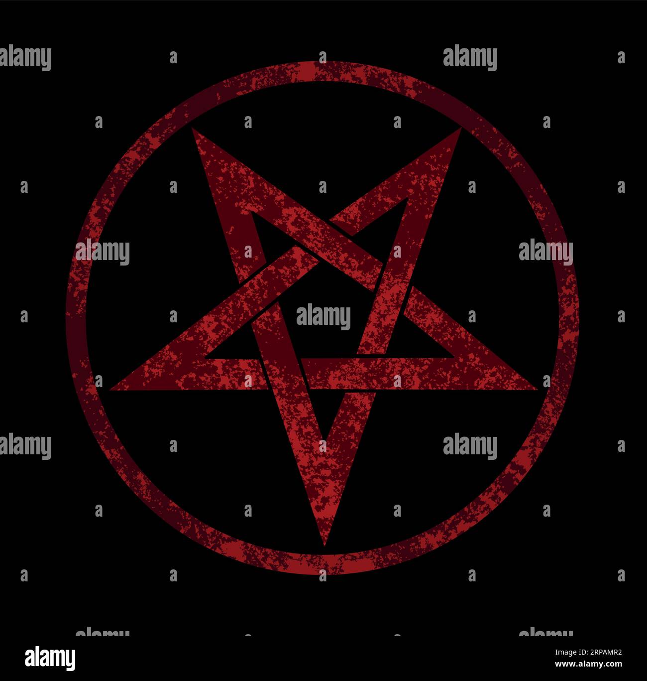 Rotes, umgekehrtes, strukturiertes Pentagramm im Kreis, auf schwarzem Hintergrund. Okkultes Symbol. Stock Vektor