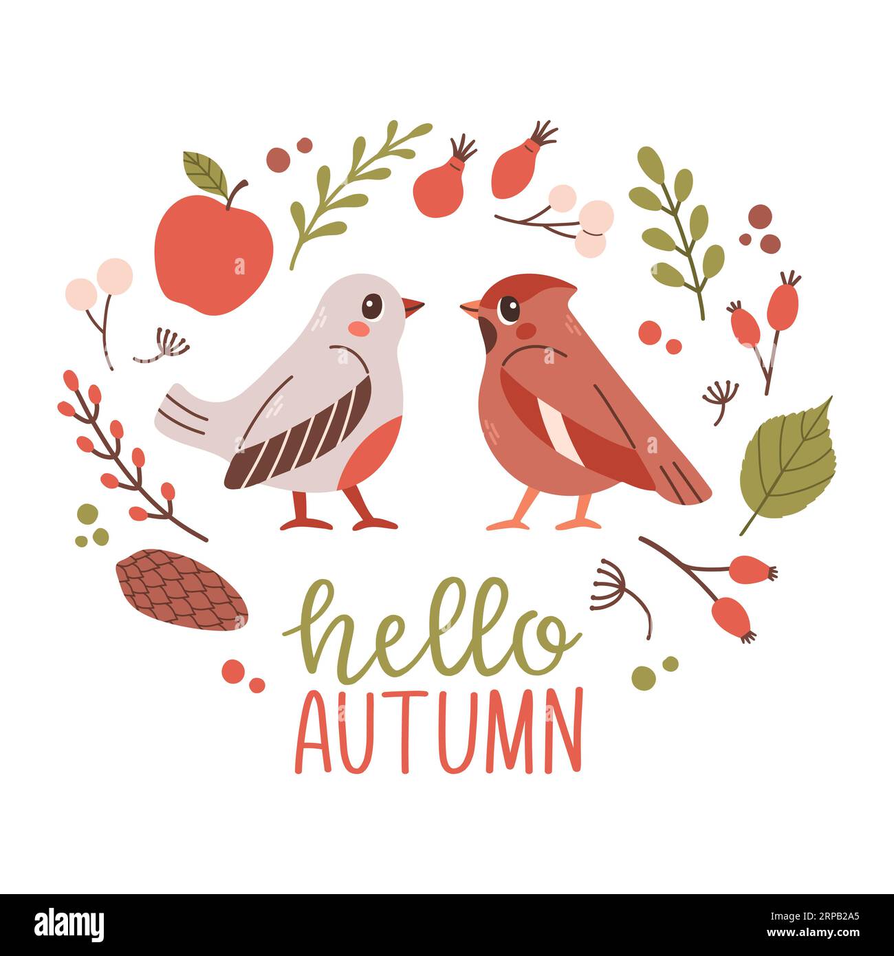 Hallo Herbst Postkarte mit Vögeln. Waldkarte mit Blättern und süßem Waldtier auf weißem Hintergrund Stock Vektor