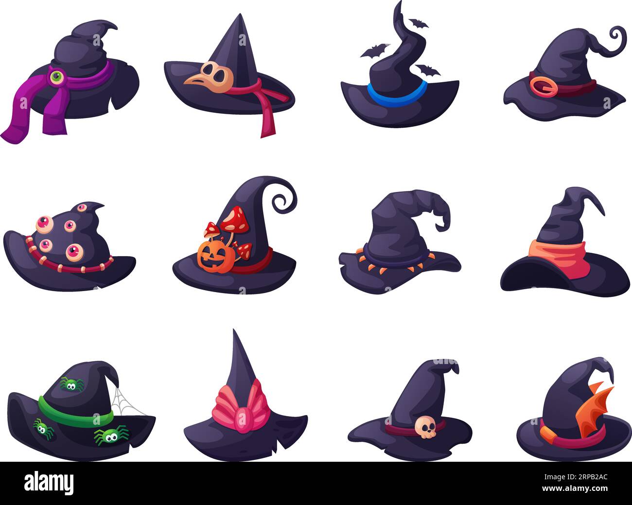 Schwarze Hexenhüte. Comic Hexen Hut für halloween Kostüm. Dekorative magische Kappen, Hexe und Zauberer. Maskieren Sie Nowaday-Vektorelemente Stock Vektor