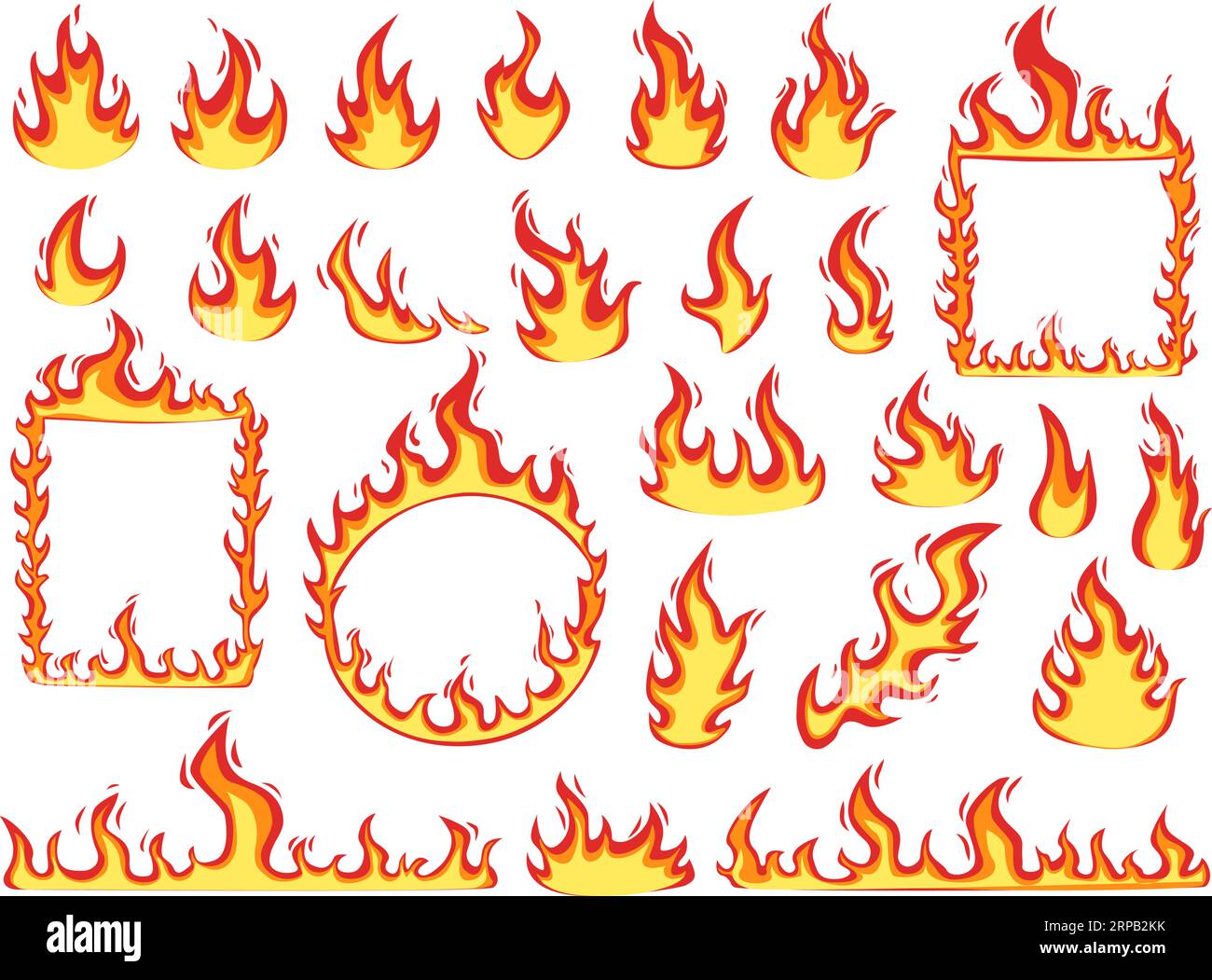 Bunte Feuerflamme, Rahmen und Banner. Verschiedene Zeichentrickflammen Grafikdesign, Lagerfeuer, Brand oder heiße Symbole Nowaday Vektor Sammlung Stock Vektor