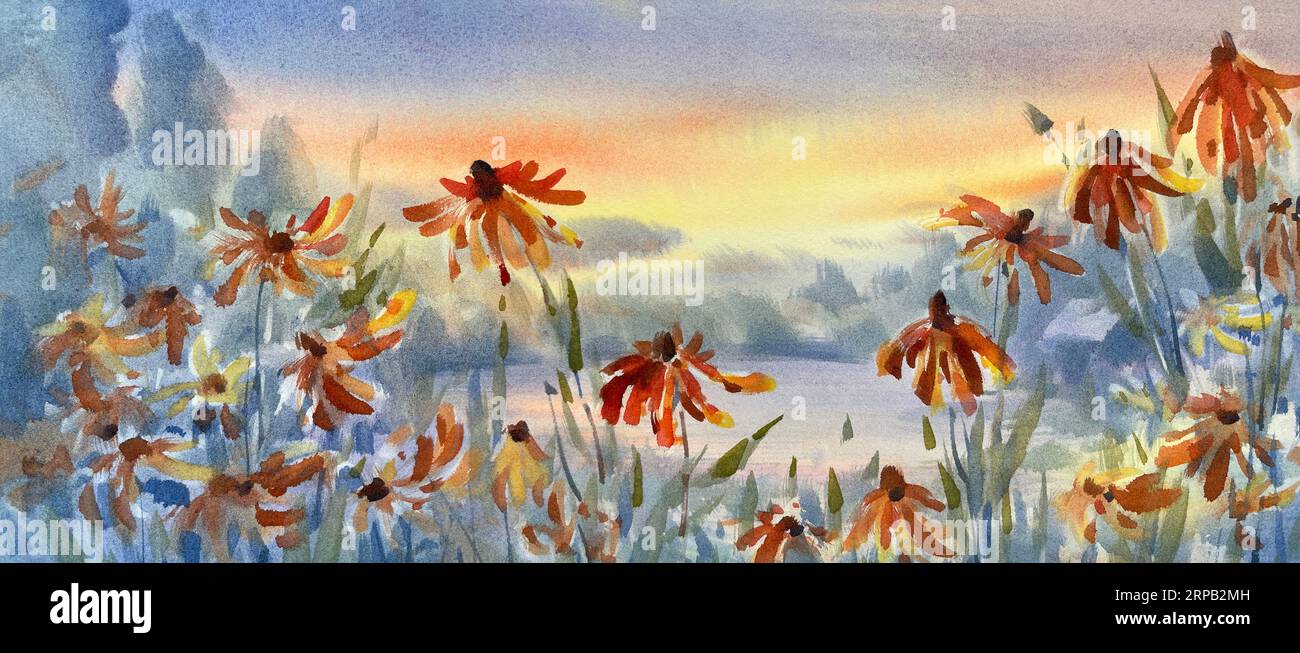 Herbstabendlandschaft mit Blumen-Aquarellhintergrund Stockfoto