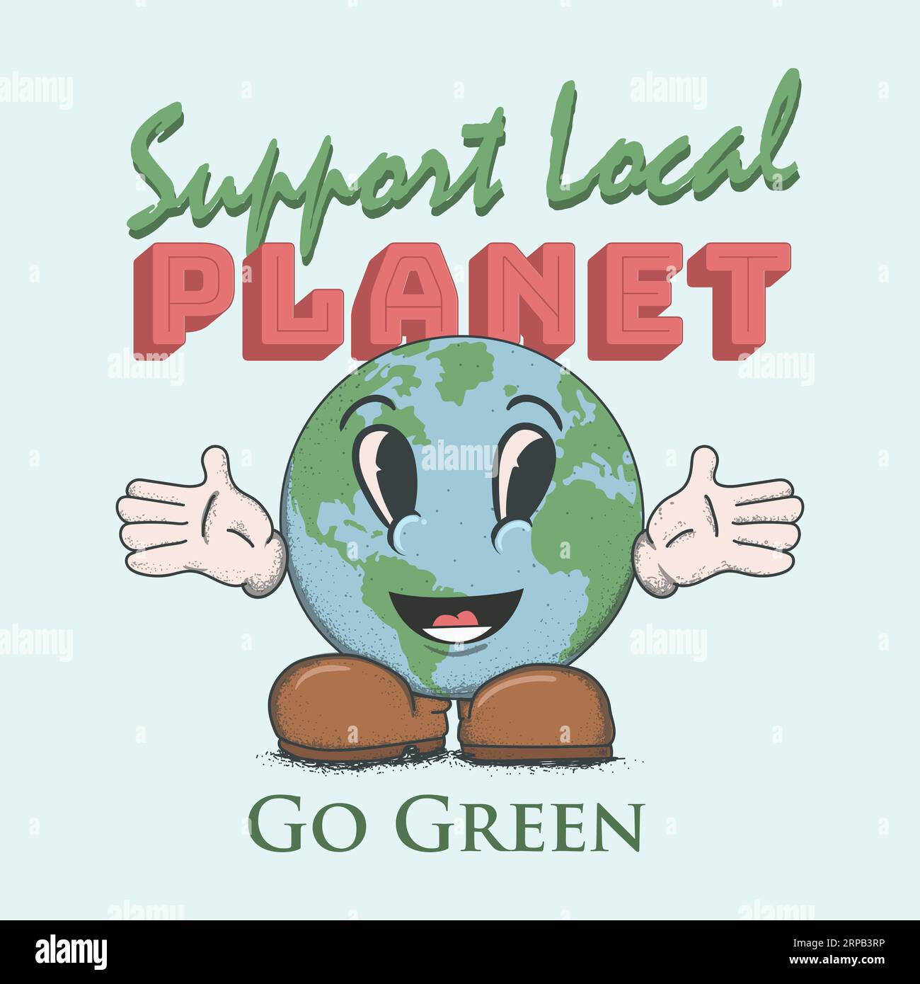 Unterstellen Sie den lokalen Planeten, gehen Sie ein grünes Konzept ein. Umweltfreundliche Kampagne. Earth Happy Face Maskottchen Retro-Stil Vektor-Illustration Stock Vektor
