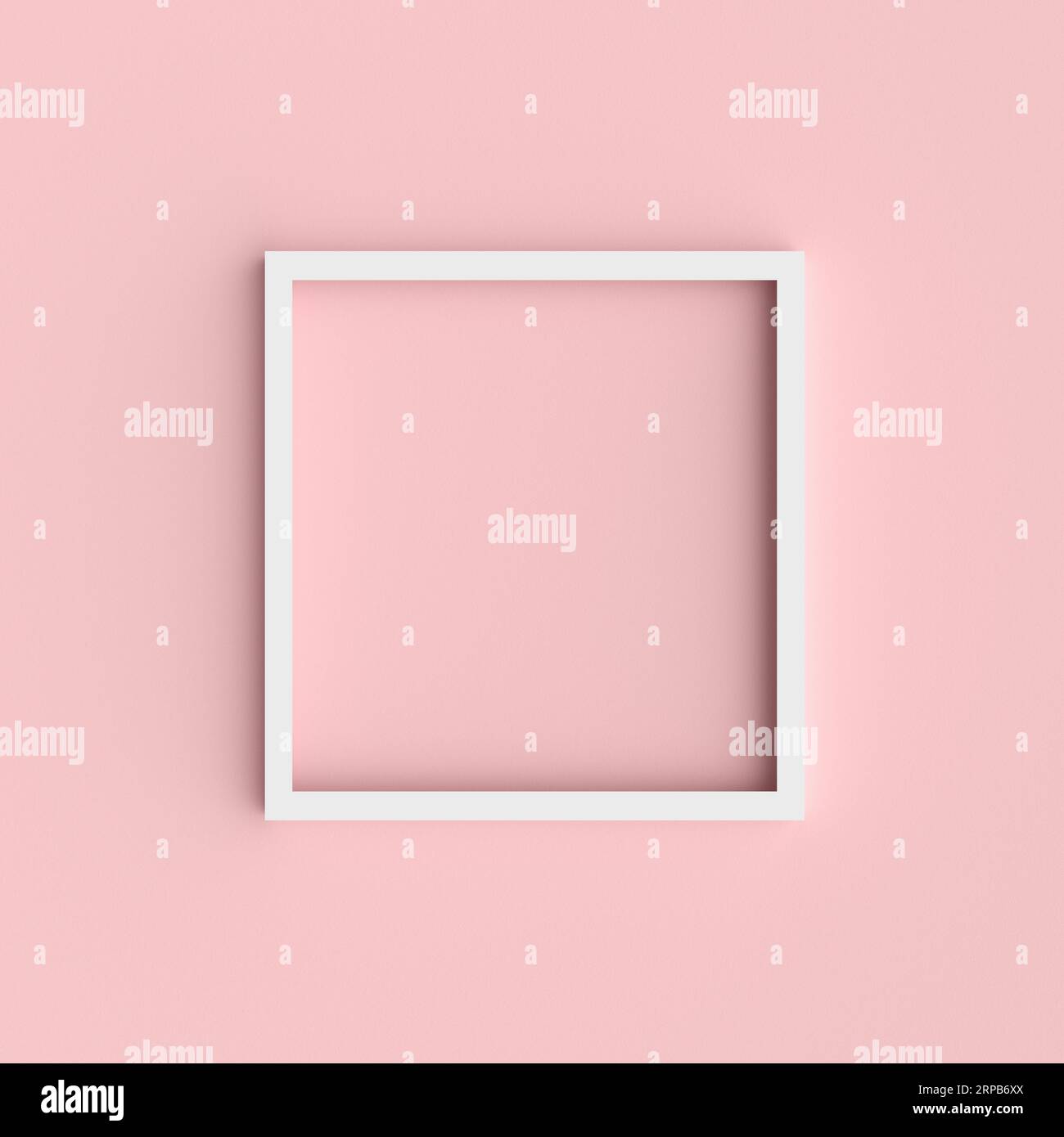 Weißer, quadratischer, leerer Bilderrahmen auf rosafarbenem Hintergrund. Abstraktes 3D-Rendering. Leerer Modellrahmen an einer Wand. Stockfoto