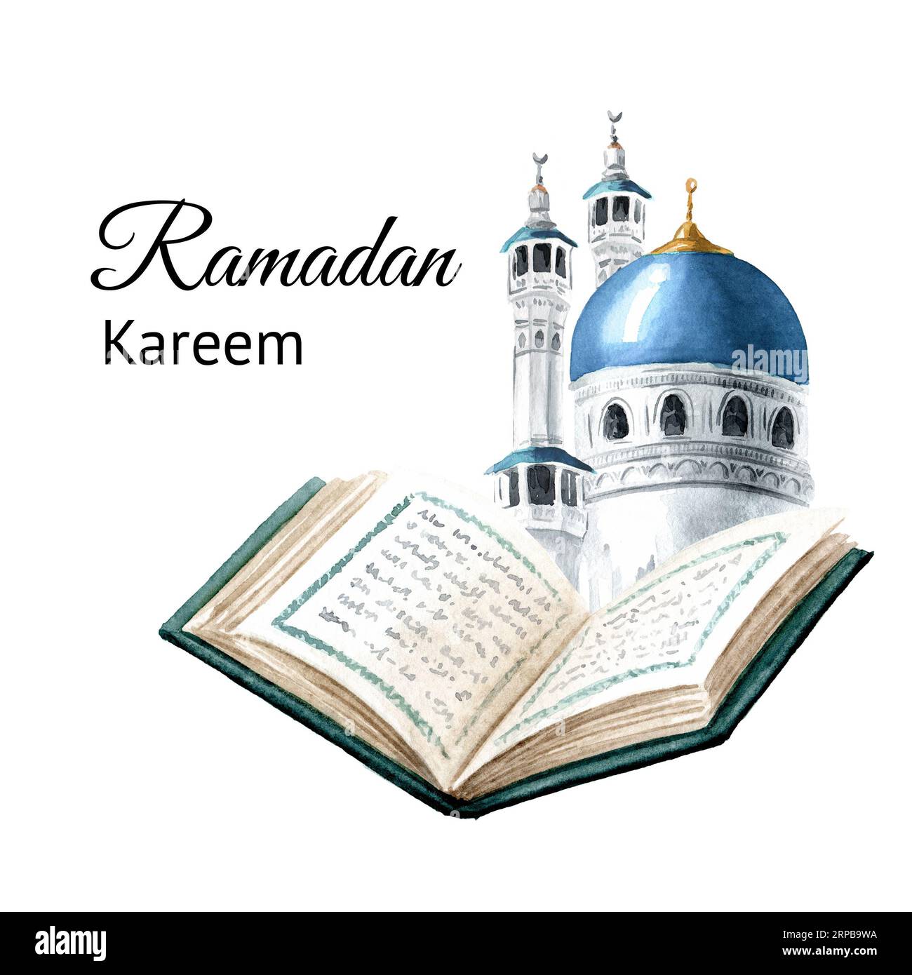 Islamische Moschee und Heiliger Koran Buch. Ramadan Kareem Grußkarte. Handgezeichnete Aquarellillustration isoliert auf weißem Hintergrund Stockfoto