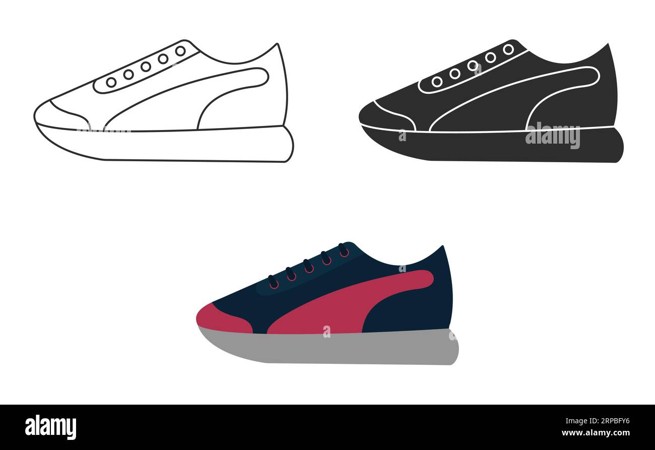 Schuhe Turnschuhe Schuhe in Icon, Strichgrafik und farbenfrohem Vektor Stock Vektor