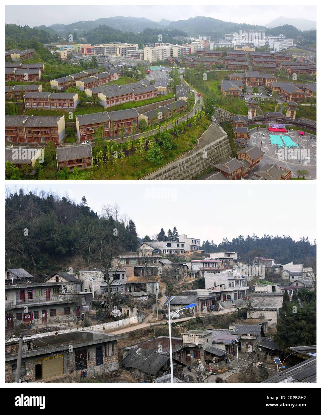 (190608) -- GUIYANG, 8. Juni 2019 (Xinhua) -- Kombo-Foto aufgenommen am 6. Juni 2019 von Yang Wenbin und 15. Januar 2018 von Chen Yalin zeigt die Stadt A-mei Qituo (up) und das Dorf Gantang der Stadt Sanbao im Qinglong County, südwestlich der chinesischen Provinz Guizhou. Die verarmten Dorfbewohner von Sanbao verlassen ihre schäbigen Häuser am steilen Hang und genießen ein besseres Leben. Die von Armut betroffenen Familien in der Stadt Sanbao sind mit Hilfe der lokalen Regierung in neue Häuser in der Stadt A-mei Qituo gezogen. (XINHUA) CHINA-GUIZHOU-YI ETHNISCHE GRUPPE-STADT-UMSIEDLUNG-A-MEI QITUO (CN) PUBLICATIONXNOTXINXCHN Stockfoto