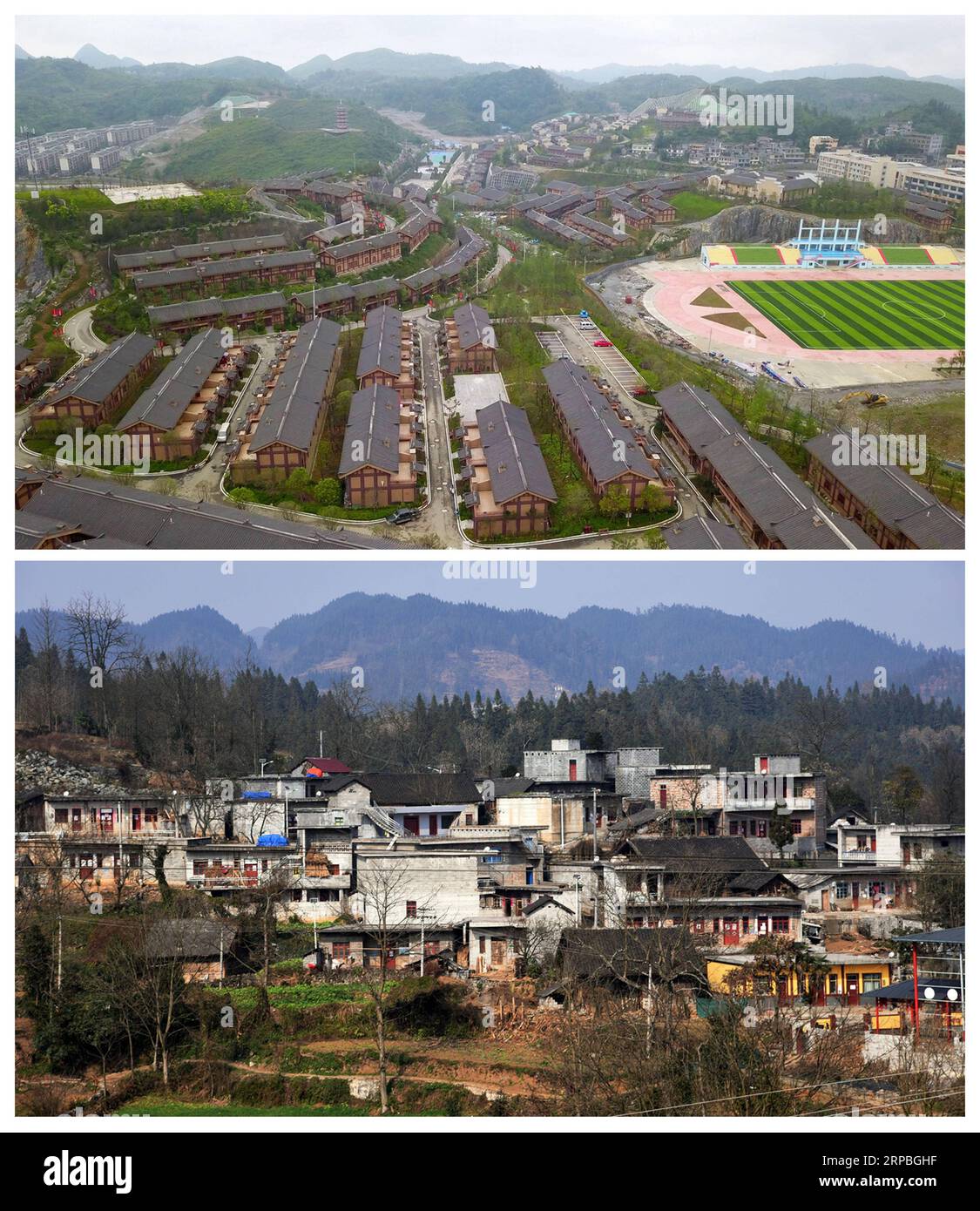 (190608) -- GUIYANG, 8. Juni 2019 (Xinhua) -- Kombo-Foto aufgenommen am 6. Juni 2019 von Yang Wenbin und 15. Januar 2018 von Chen Yalin zeigt die Stadt A-mei Qituo (up) und das Dorf Sanbao in der Stadt Sanbao im Qinglong County, südwestlich der chinesischen Provinz Guizhou. Die verarmten Dorfbewohner von Sanbao verlassen ihre schäbigen Häuser am steilen Hang und genießen ein besseres Leben. Die von Armut betroffenen Familien in der Stadt Sanbao sind mit Hilfe der lokalen Regierung in neue Häuser in der Stadt A-mei Qituo gezogen. (XINHUA) CHINA-GUIZHOU-YI ETHNISCHE GRUPPE-STADT-UMSIEDLUNG-A-MEI QITUO (CN) PUBLICATIONXNOTXINXCHN Stockfoto