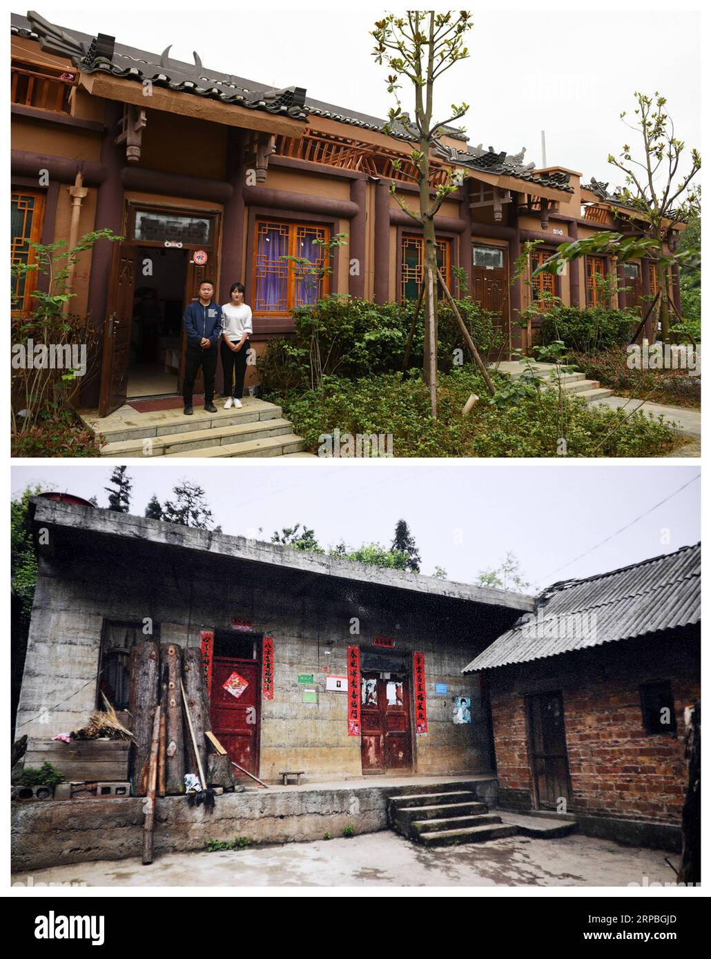 (190608) -- GUIYANG, 8. Juni 2019 (Xinhua) -- das am 6. Juni 2019 aufgenommene Combo-Foto zeigt Wang Yongze und seine Frau, die für ein Foto in ihrem neuen Haus in der Stadt A-mei Qituo (up) posieren, und Wang Yongze's altes Wohnhaus in der Stadt Sanbao im Qinglong County, Provinz Guizhou im Südwesten Chinas. Die verarmten Dorfbewohner von Sanbao verlassen ihre schäbigen Häuser am steilen Hang und genießen ein besseres Leben. Die von Armut betroffenen Familien in der Stadt Sanbao sind mit Hilfe der lokalen Regierung in neue Häuser in der Stadt A-mei Qituo gezogen. (XINHUA/YANG WENBIN) CHINA-GUIZHOU-YI ETHNISCHE GRUPPE-STADT-UMSIEDLUNG-A-MEI QITUO (CN) Stockfoto