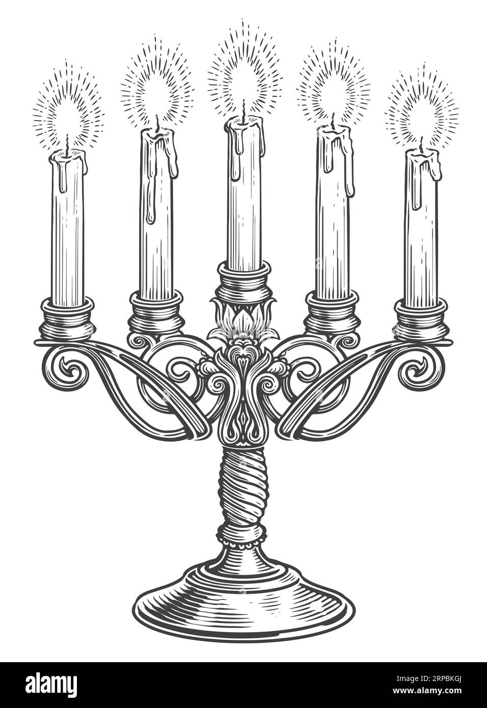 Vintage-Kandelaber mit fünf brennenden Kerzen im Gravurstil. Handgezeichnete Skizzenzeichnung für Kerzenleuchter Stockfoto
