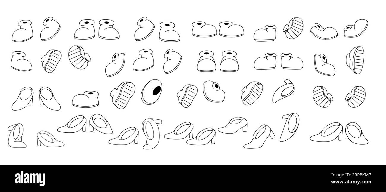 Ein Set grooviger Comic-Füße in Stiefeln im trendigen Retro-Cartoon-Stil der 70er Jahre. Traditioneller Maskottenfuß. Isolierte Abbildung. Stock Vektor