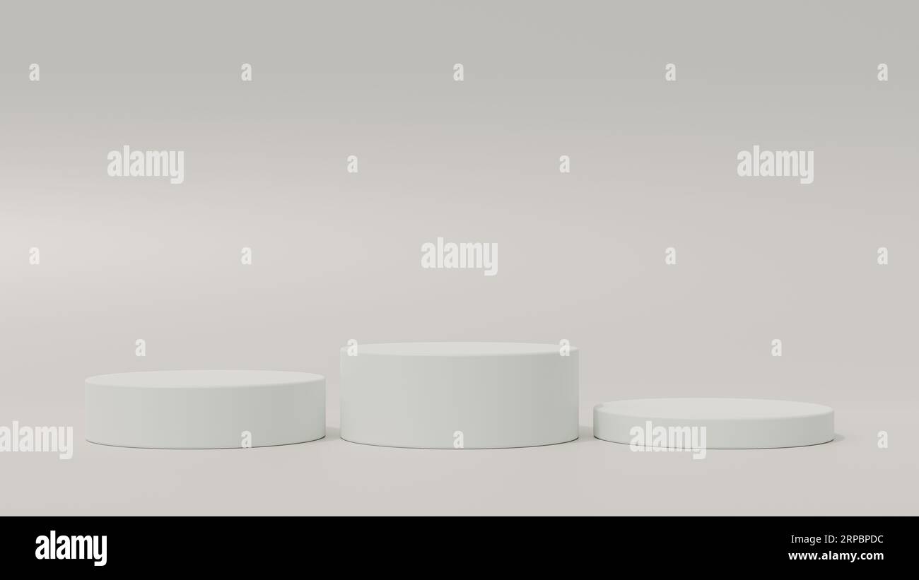 Leeres Podest- oder Standdisplay auf weichem Hintergrund mit Zylinderständer-Konzept. Leeres Regal mit Stehhintergrund. 3D-Rendering. Stockfoto