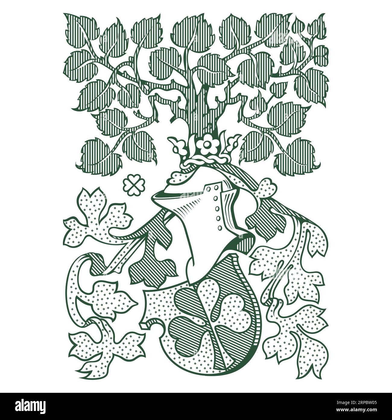 Mittelalterliches Design. Krieger in Ritterrüstung mit einer Krone mit einem Wappenschild und einem Aschenbaum im Vintage-Retro-Stil Stock Vektor