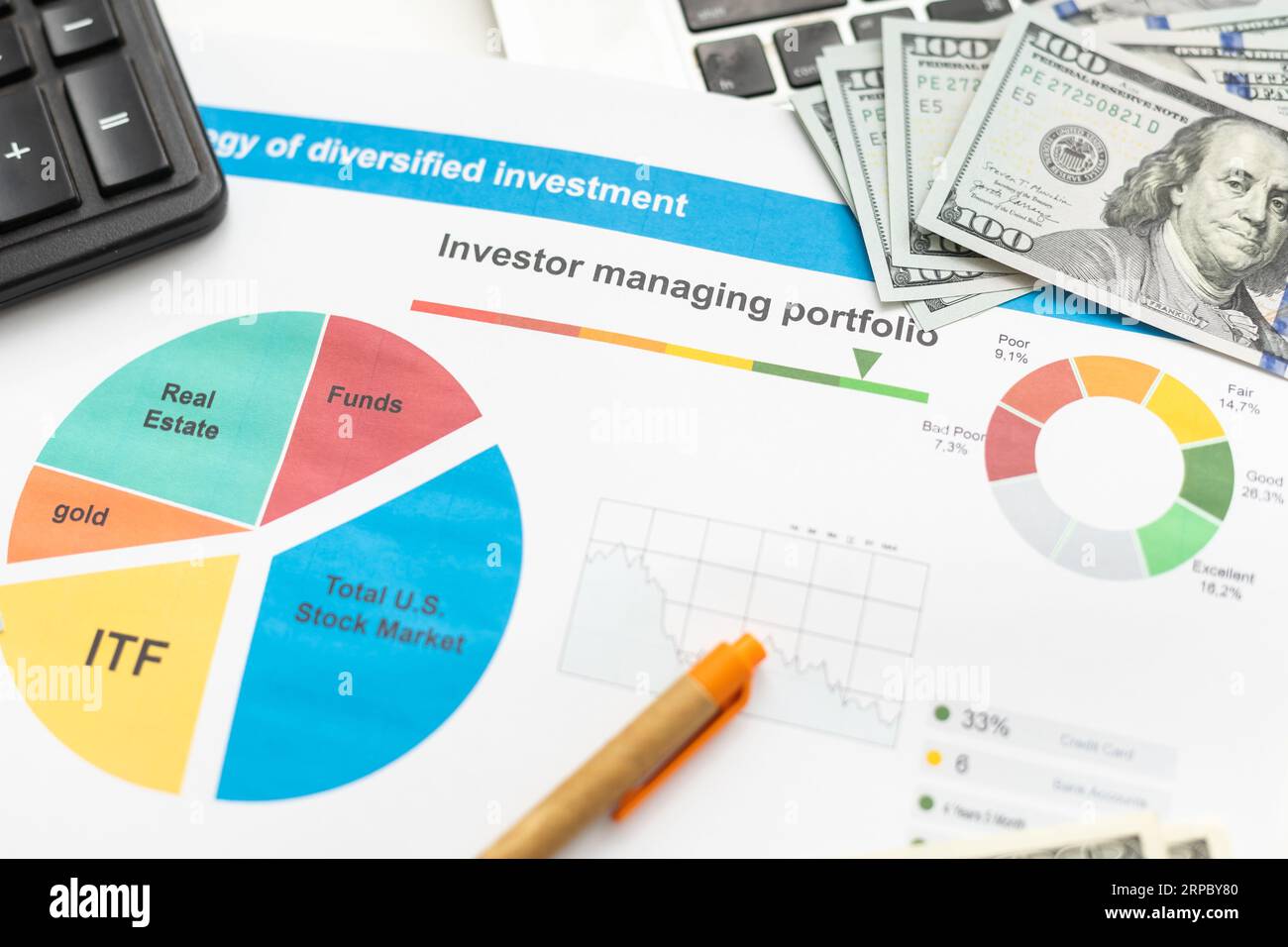 Konzept der Investitionsplanung und -Berichterstattung. Bericht über die Investitionsplanung mit farbigem Diagramm der Anlagenzuweisungsplanung abgeschlossen. Stockfoto